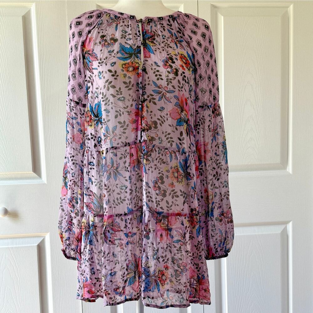 Anthropologie Maureen Babydoll Tunic purple floral print sheer top or mini dress